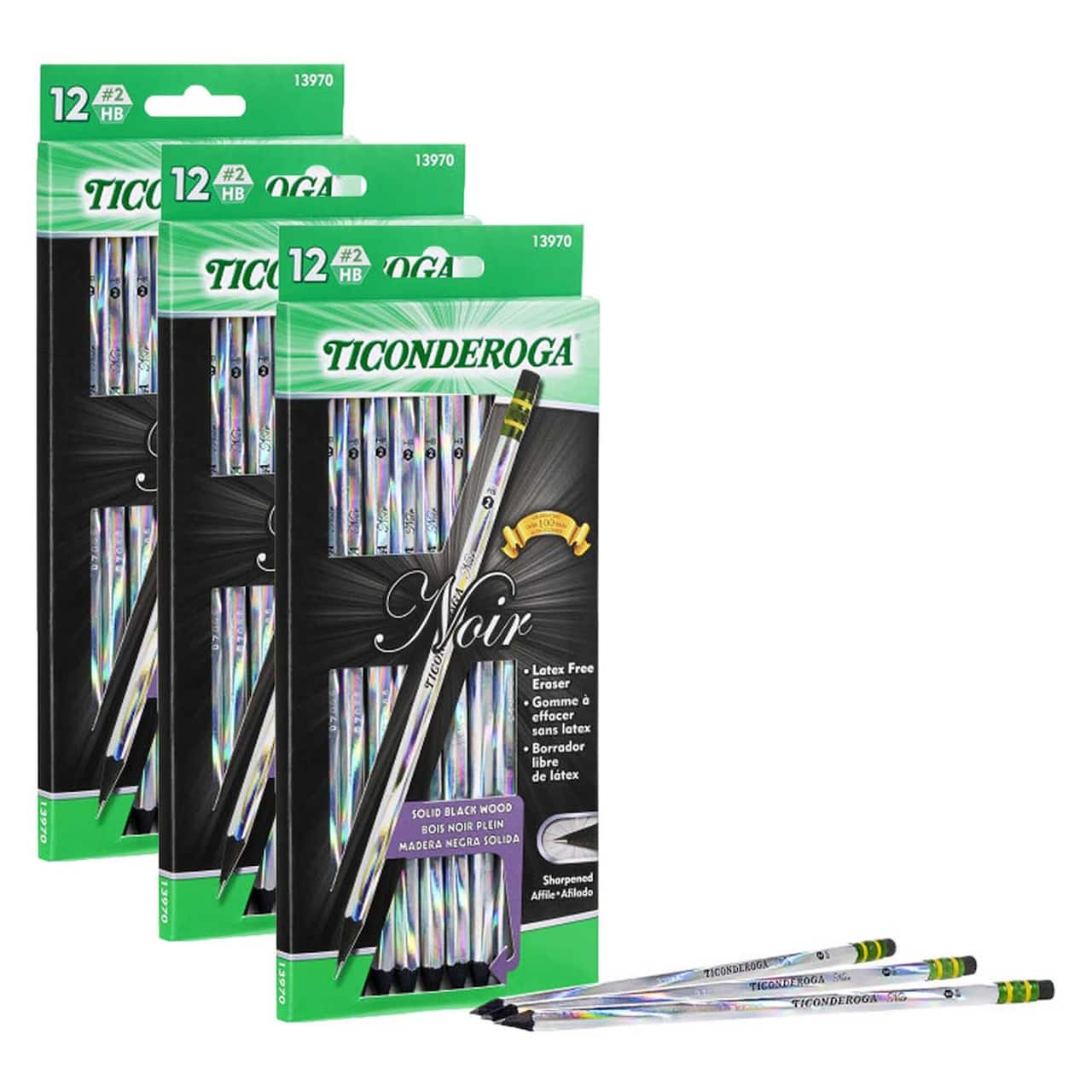 Ticonderoga&#xAE; Noir #2 Soft Pre-Sharpened Holographic Foil on Black Wood Pencils, 3 Packs of 12